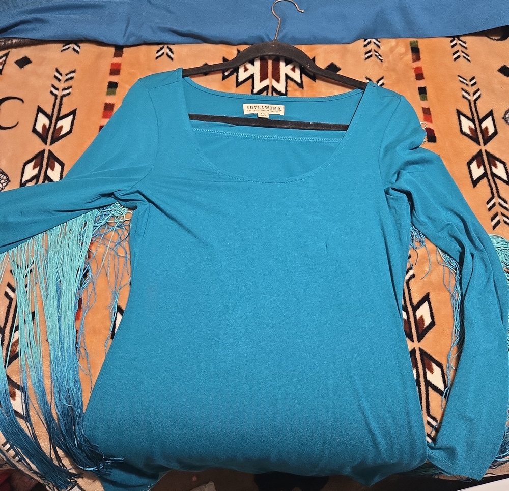 Idyllwind Turquoise Long Sleeve Fringe Scoop Neck Top